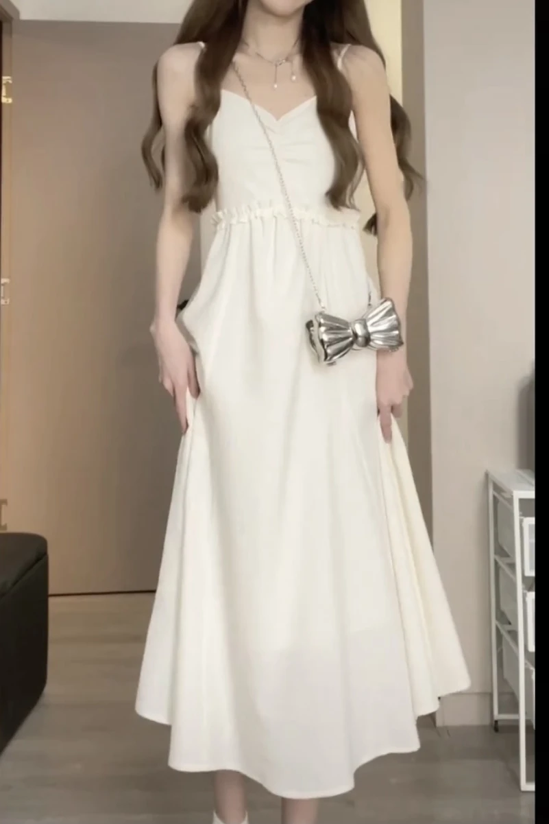 화이트 여성 스트랩 원피스, 민소매, 섹시한 출산, 제국 파티, 원피스 프릴 패치워크, 임산부 웨딩 원피스, 여름 