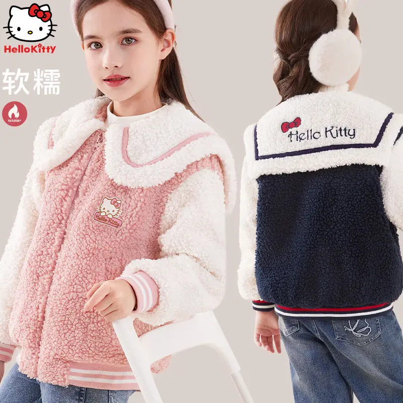 

Кавайная одежда Sanrio Hellokittyed куртка для девочек Вельветовая утепленная детская теплая милая мягкая куртка темно-синего и розового цвета с воротником