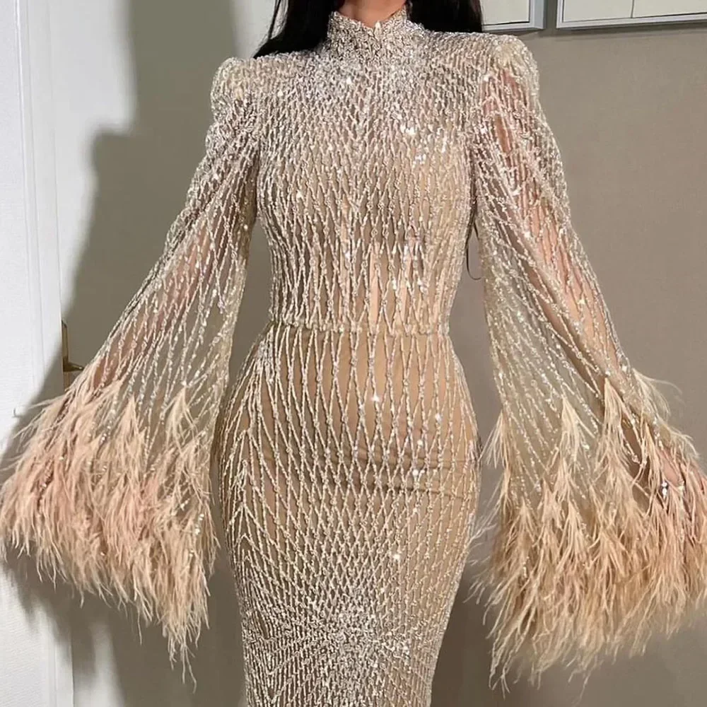 Customized Dubai Gowns Nude Beaded Feathers Mermaid Long Evening Dresses LA72394 women prom dresses