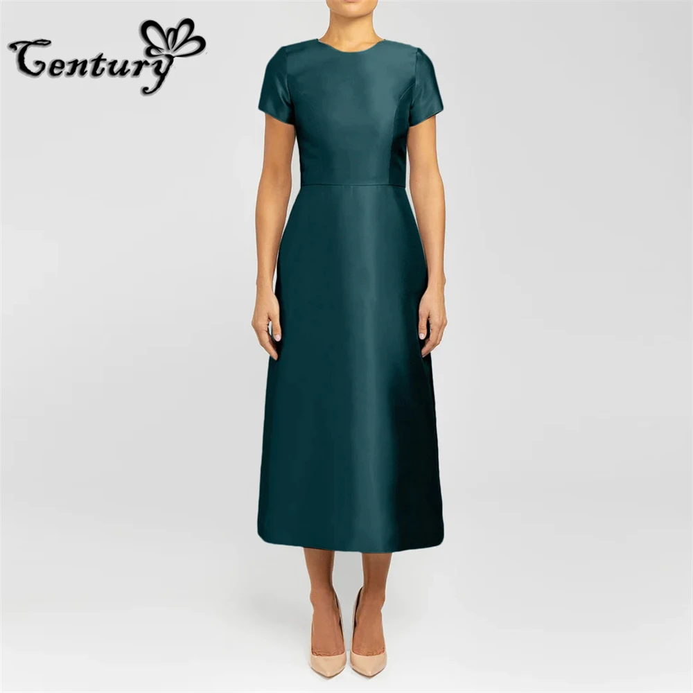 

Teal Prom Dress for Women 2024 Short Sleeve Bow Belt Tea Length Satin Evening Party Gowns Formal Dresses Robe De Soiree