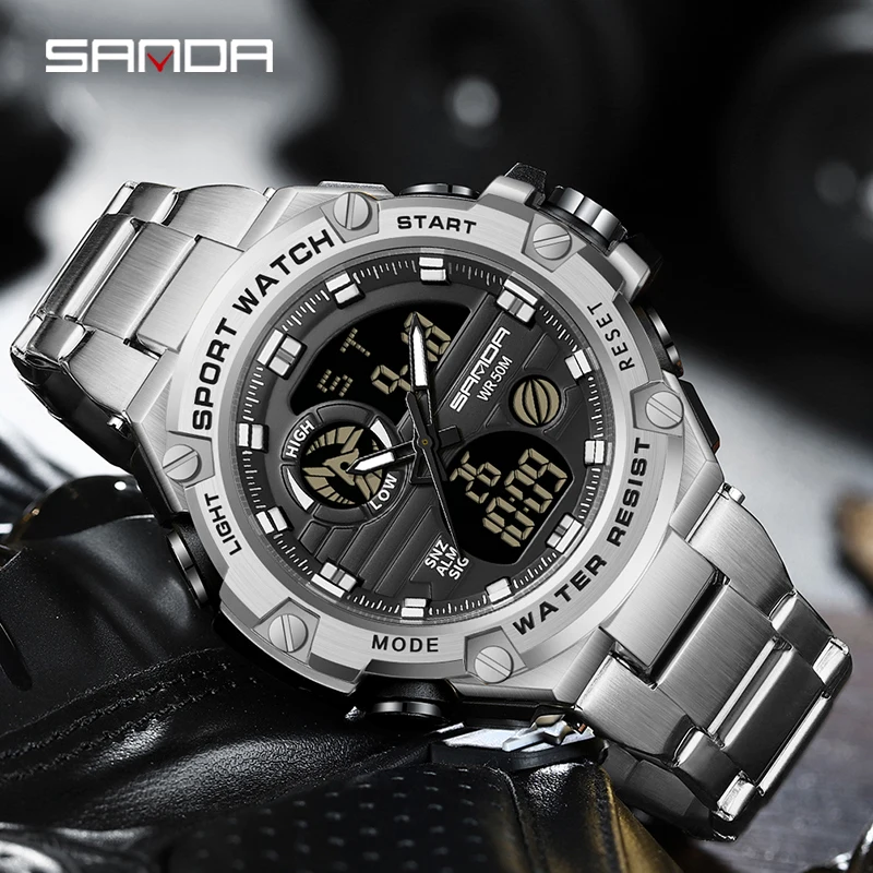 

SANDA 2023 New Sport Military Men's Watches 50M Waterproof Dual Display Wristwatch Male Clock Stopwatch Relogio Masculino 3196