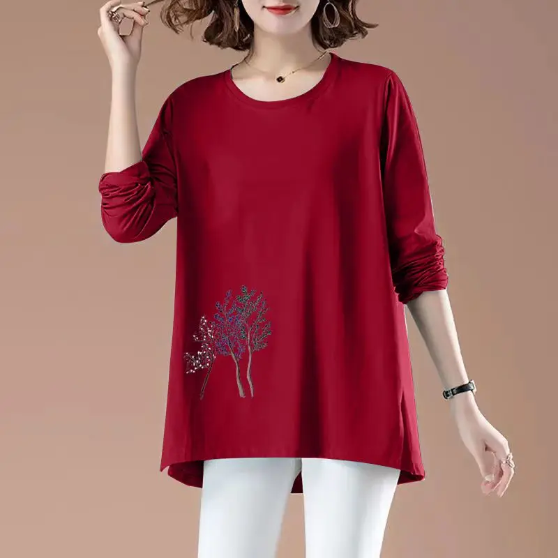 

2023 Fashion Long Sleeve Spring Women Cotton T Shirts Female O-Neck Embroidery T-shirt Red Korean Loose Women's Tops Q396