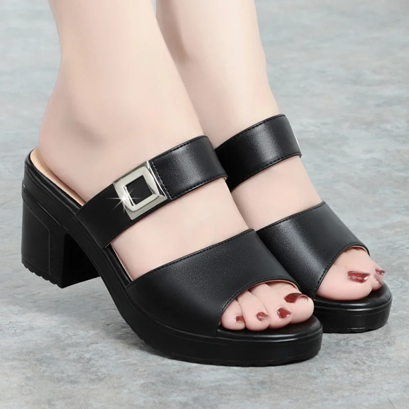 Comfort Anti-slip Soft Leather Sandals Women Summer Thick Soles High Heel Wearing Straight Line Fish Mouth Outdoor Sandals