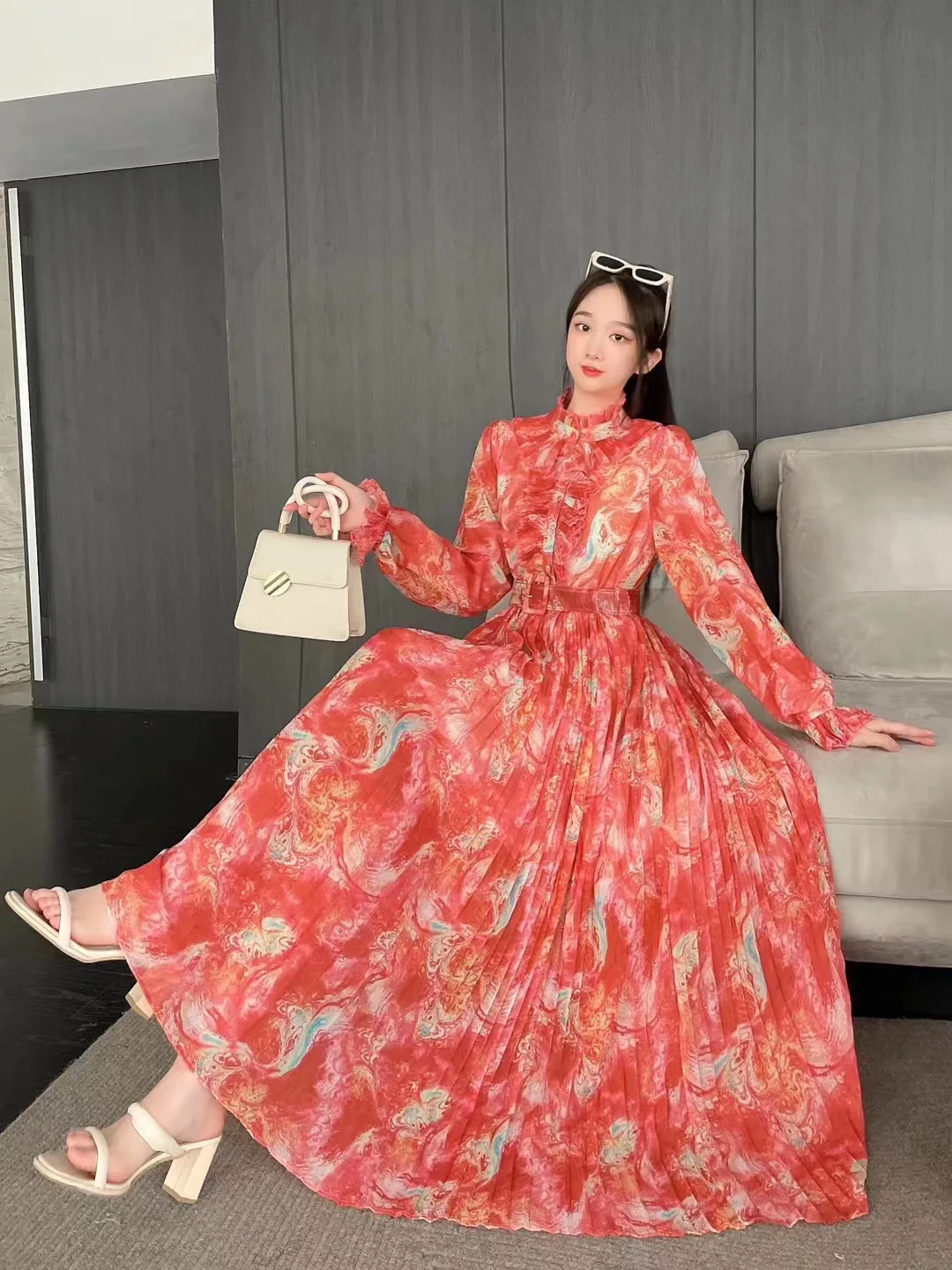 Muslim Turkey New Spring Women Long Sleeve Belt Slim Long Dress Sweet Ruffles Patchwork Pleated Big Hem Chiffon Floral Dress