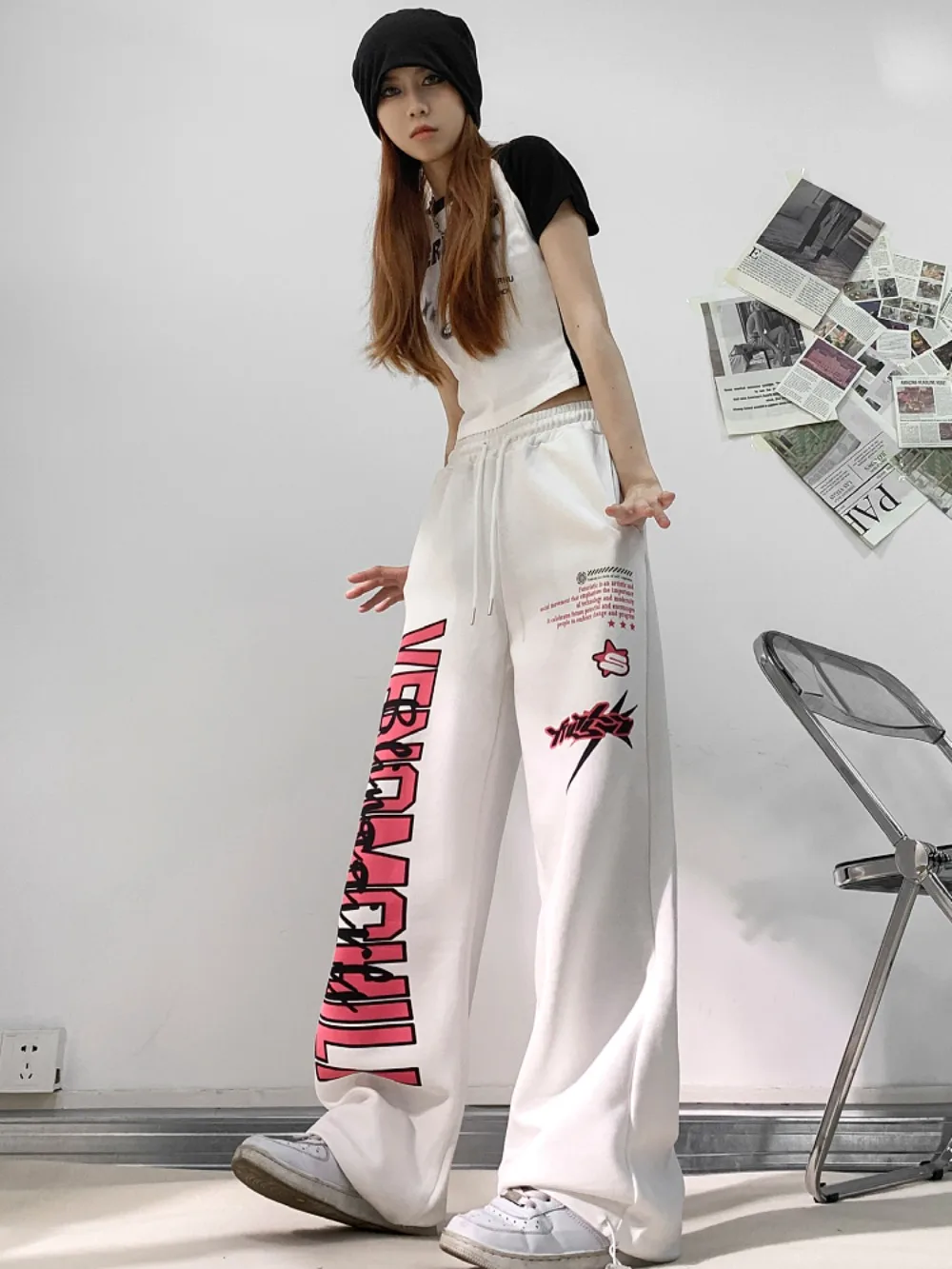 

American retro street hip hop casual pants alphabet print loose wide leg pants pull string jazz dance high street hip hop pants