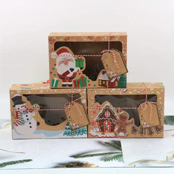 18pcs Christmas Cookie Gift Box, Kraft Paper Candy Packaging Box, Christmas Party Gift Box, Retail Store Display Box
