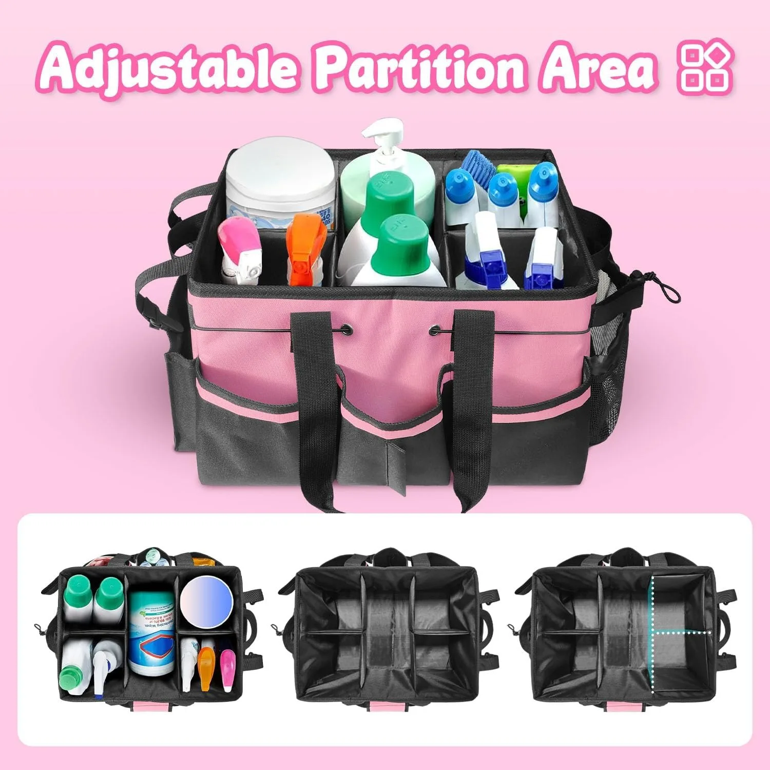 손잡이가 있는 대형 청소용 가방, 내장된 견고한 지지판, 다중 수납 디자인 청소 용품 토트백