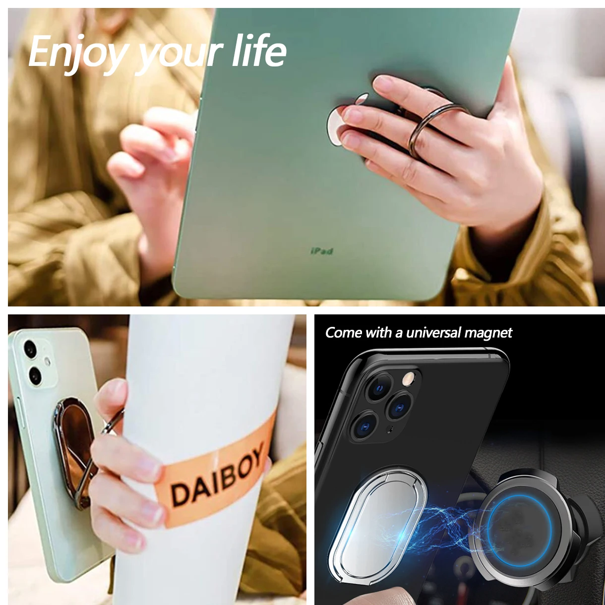 Cell Phone Ring Holder Finger Kickstand 360°Rotation Grip Foldable Cellphone Stand Compatible with iPhone mobile holder