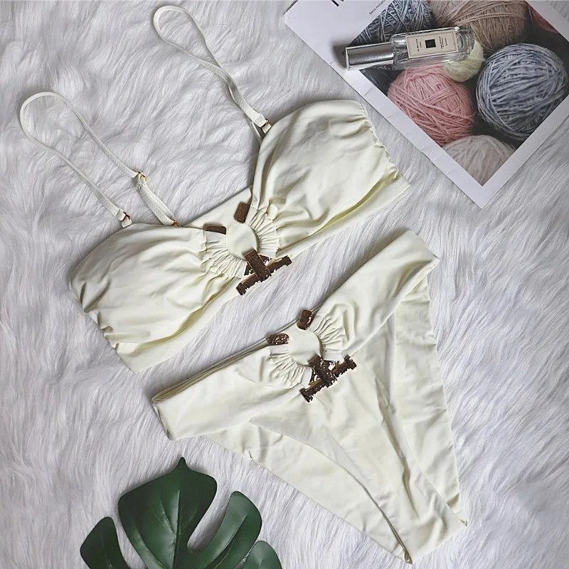 Women Bikini Metal Ring High Waist Two Piece Set Push Up Sexy Summer Swimwear Strapless Bathing Suit
