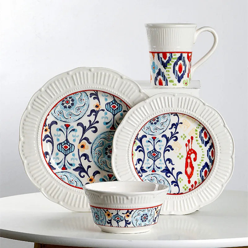 

Creative Relief Irregular Ceramic Tableware Dinner Service Tray Bowls Mug Ins Porcelain Dinnerware Set For Family Hotel