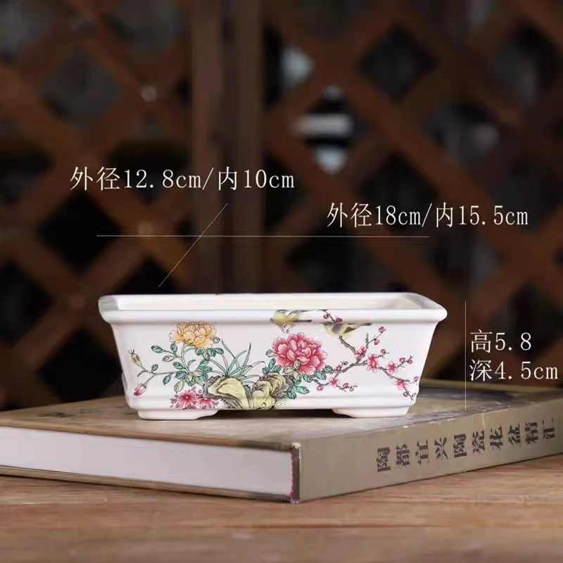 

Chinese Style Ceramics Flowerpot Handmade Glazed Basin Blue and White Porcelain Rectangular Bonsai Green Planter Pot Succulent