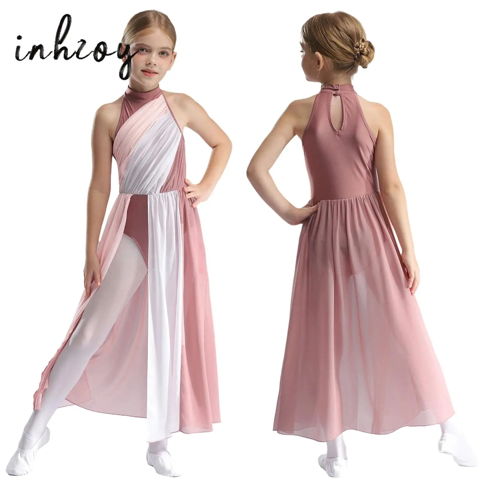 Girls Lyrical Dance Dress Color Block Sleeveless Mesh Split Leotard Ballet Figure Skating Gymnastics Stage Performance Costume ballet leotard dance leotard