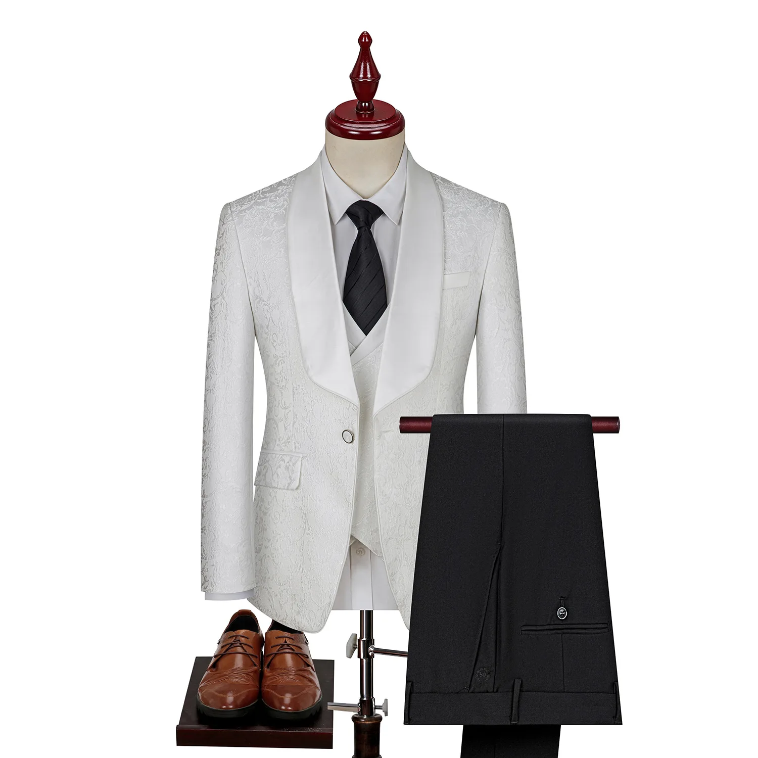 Embroidered Men Suit 3 Pieces Printed Striped With Lapel For Wedding Banquet Work Business Tuxedo Set Jacket Vest With Pants