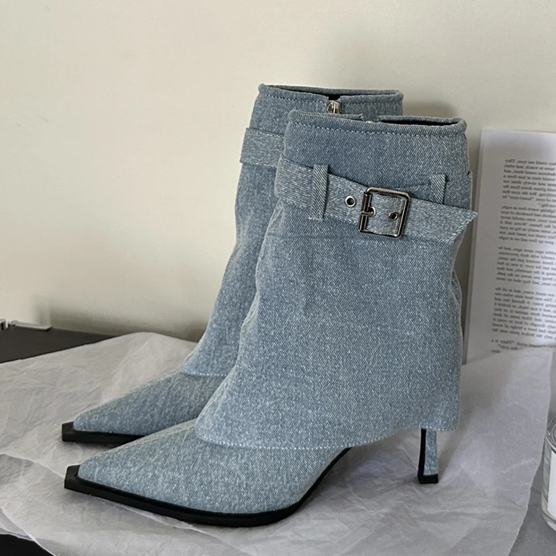 

Pumps For Women New Design Denim Buckle Thin High Heels Ankle Boots Zipper Pointed Toe Banquet Solid Fashion Women Shoes
