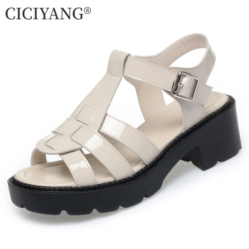 

CICIYANG Summer Women's Sandals Patent Leather 2023 New Thick Heel Thick Bottom Roman Sandals for Ladies T-Strap Woven Sandal