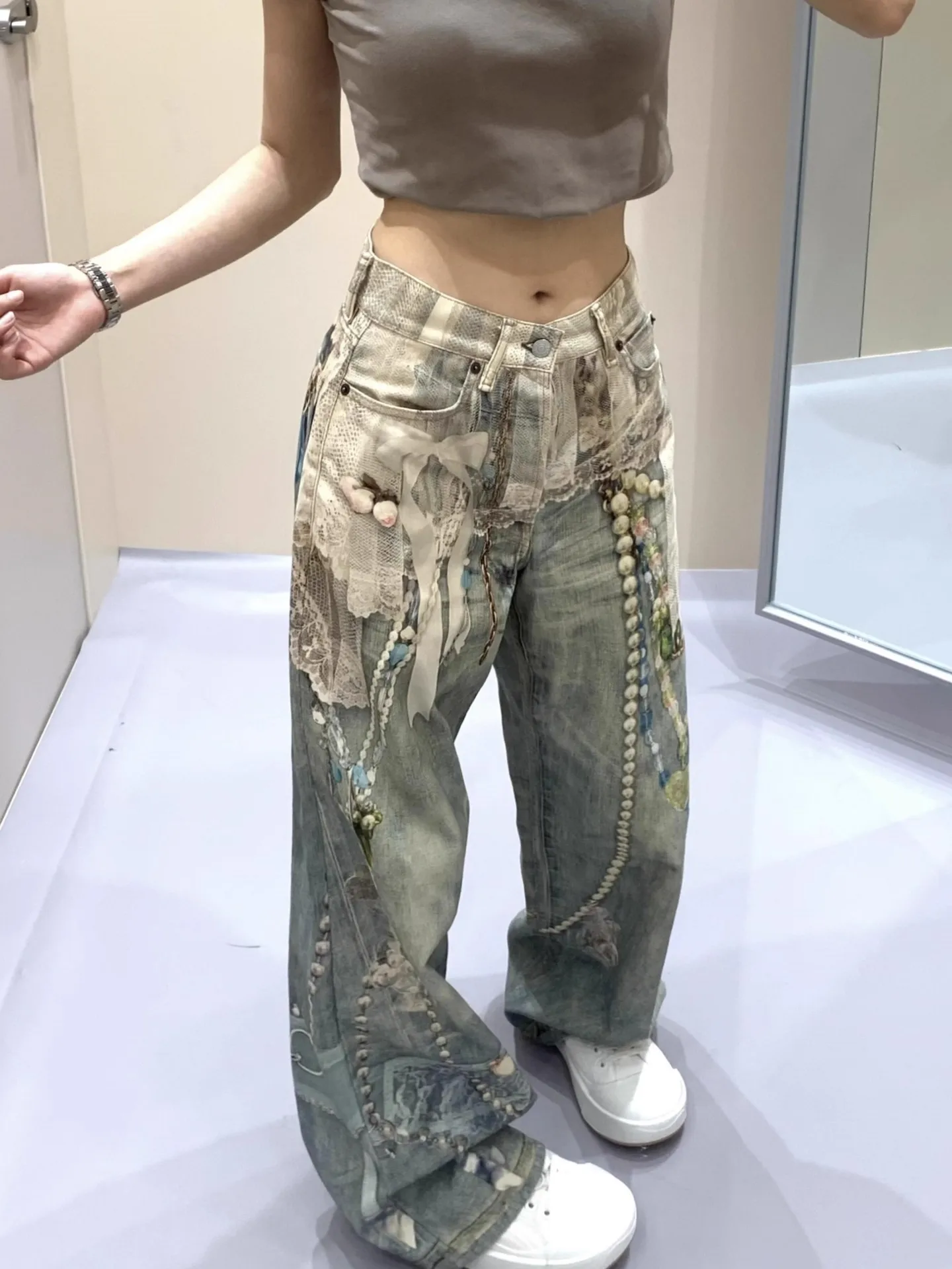 레트로 아메리칸 레이스 펄 체인 3D 프린트 캐주얼 루즈 스트레이트 와이드 레그 팬츠 여성용 청바지 하이웨이스트 지퍼 클로저