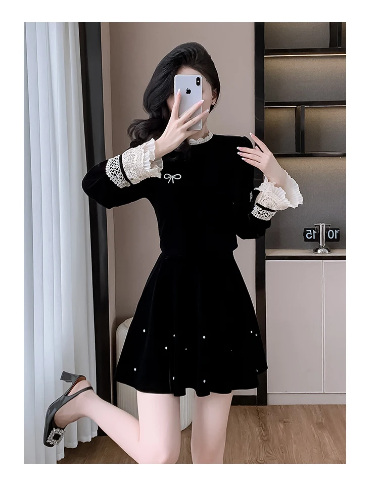 Autumn Elegant Velvet Two-piece Skirt Set Women Long Sleeve Lace Patchwork Crop Top Mini Skirt Korean Fashion Y2K Chic Outfits