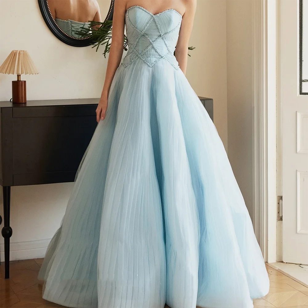 Abiti da sera formali a trapezio senza maniche in pizzo con