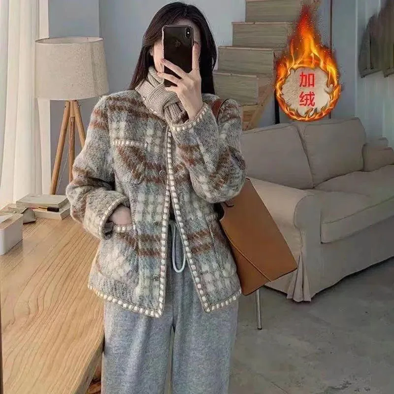 

Plus Velvet Cropped Jacket Women Slim Vintage Plaid Woolen Coat Autumn Winter Long Sleeve Casual Outwear Ladies Office Chaquetas