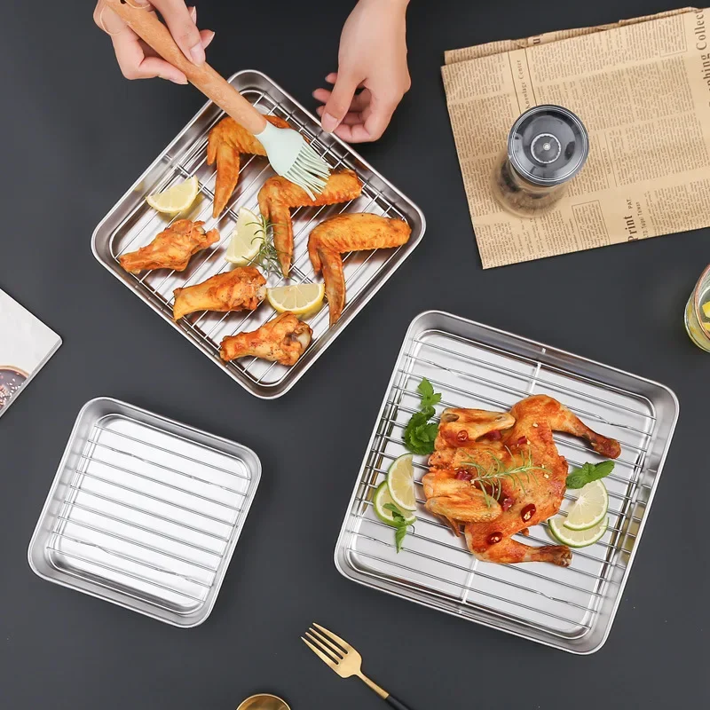 Square Stainless Steel Deepening Baking Tray Nonstick Cookie Bread Fruit Storage Plate with Grid Draining Dish Kitchen Utensils 4