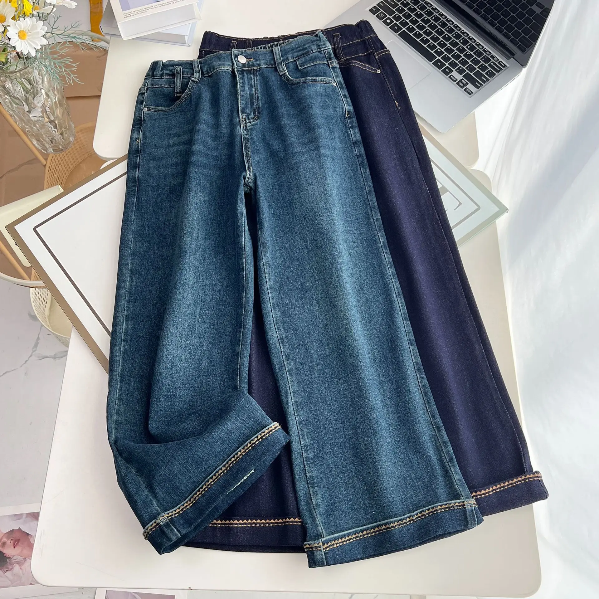 Fashion Plus Size Women's Jeans 2025 Autumn Simple High Waist Stretch Denim Leg Embroidery Straight Leg Ankle-Length Pants 2531