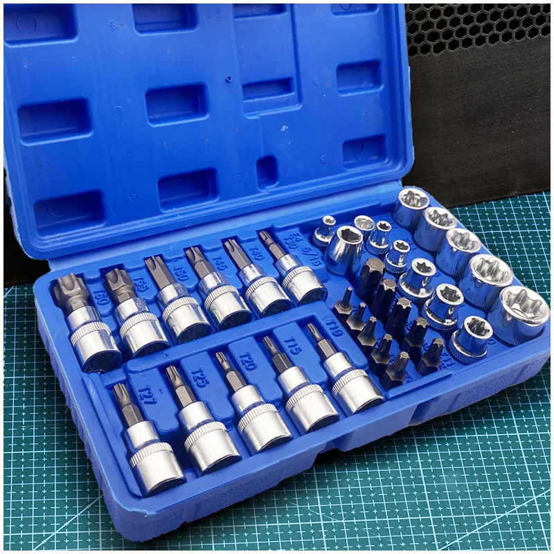 Torx Bit Socket Set 34pcs E-Torx Star Socket 1/4" 3/8" 1/2" Drive Male Female E-torx Bits Handheld Tool with Case