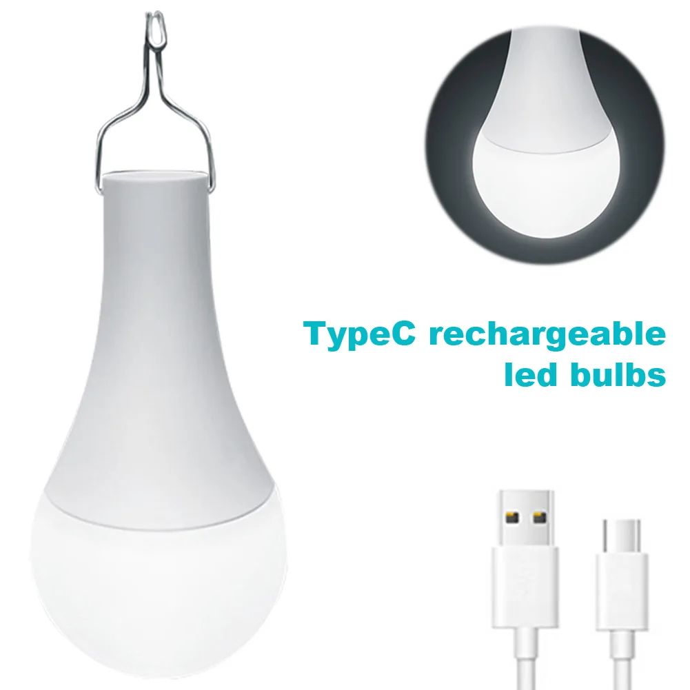 Type C Rechargeable Light Bulbs 1500mAh/2600mAh Portable LED Tent Light Bulbs with Hook Emergency Hanging Tent