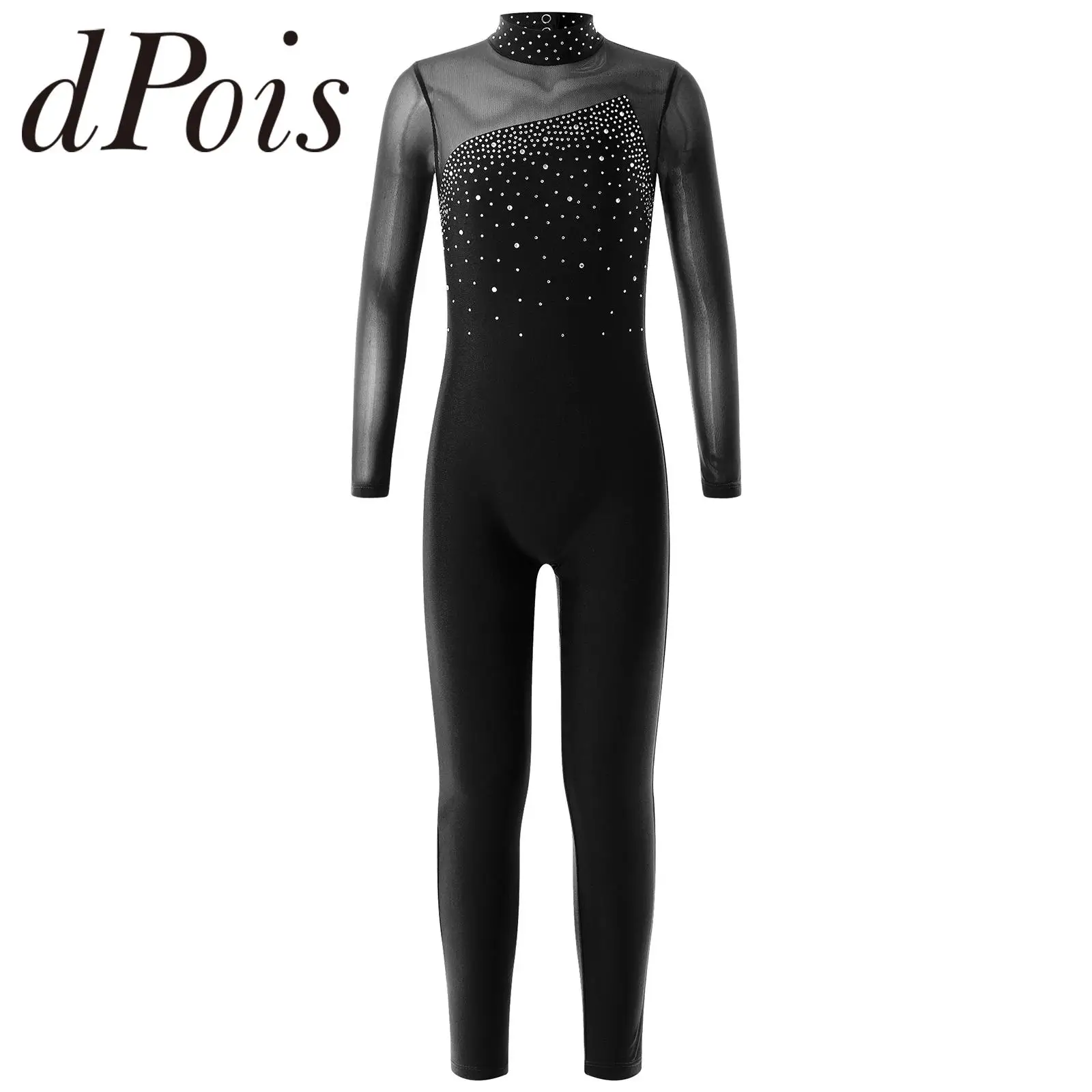 Teens Gymnastics Jumpsuits Kids Shiny Rhinestone Ice Skating Bodysuit for Girls Long Sleeve Ballet Dance Gymnastics Leotards