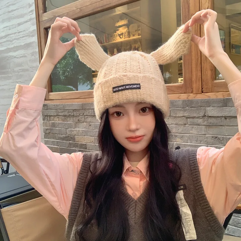 Rabbit Ears Women Head Wrapped Knitted Hat Padded Thickened Head Cap Winter Outdoor Windproof Ear Warm Woolen Caps Free Shipping
