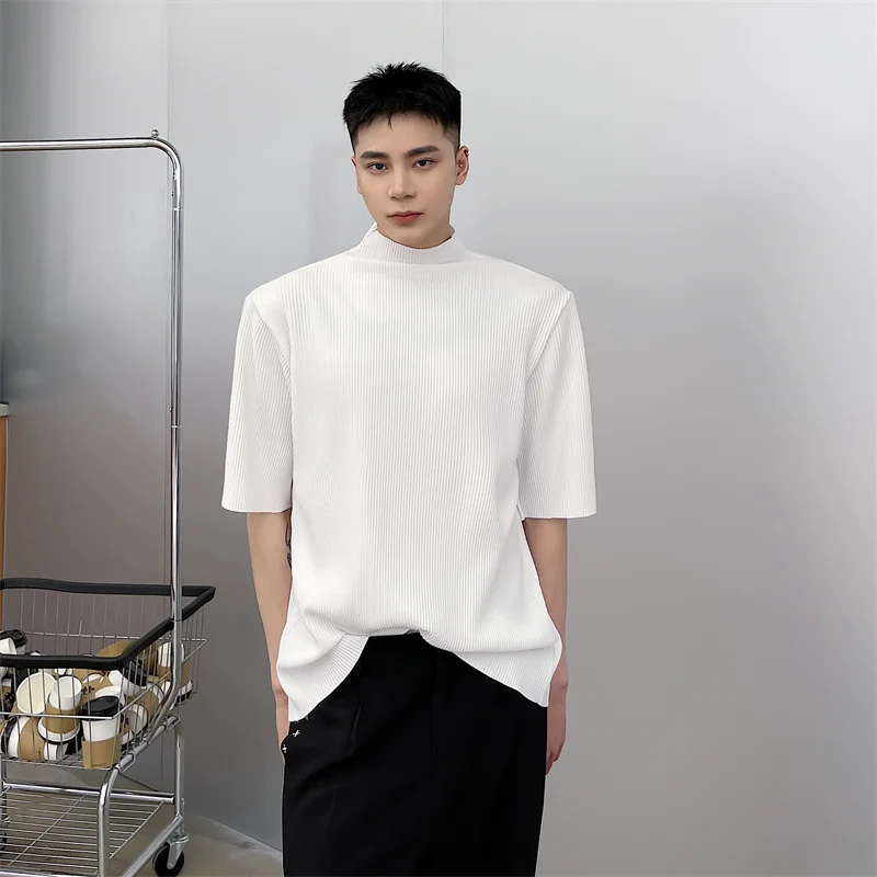 

Summer Solid Color Wrinkled Stripe Short Sleeve t-Shirt Men's Korean Version New High Collar Simple Half Sleeve Bottomed T-Shirt