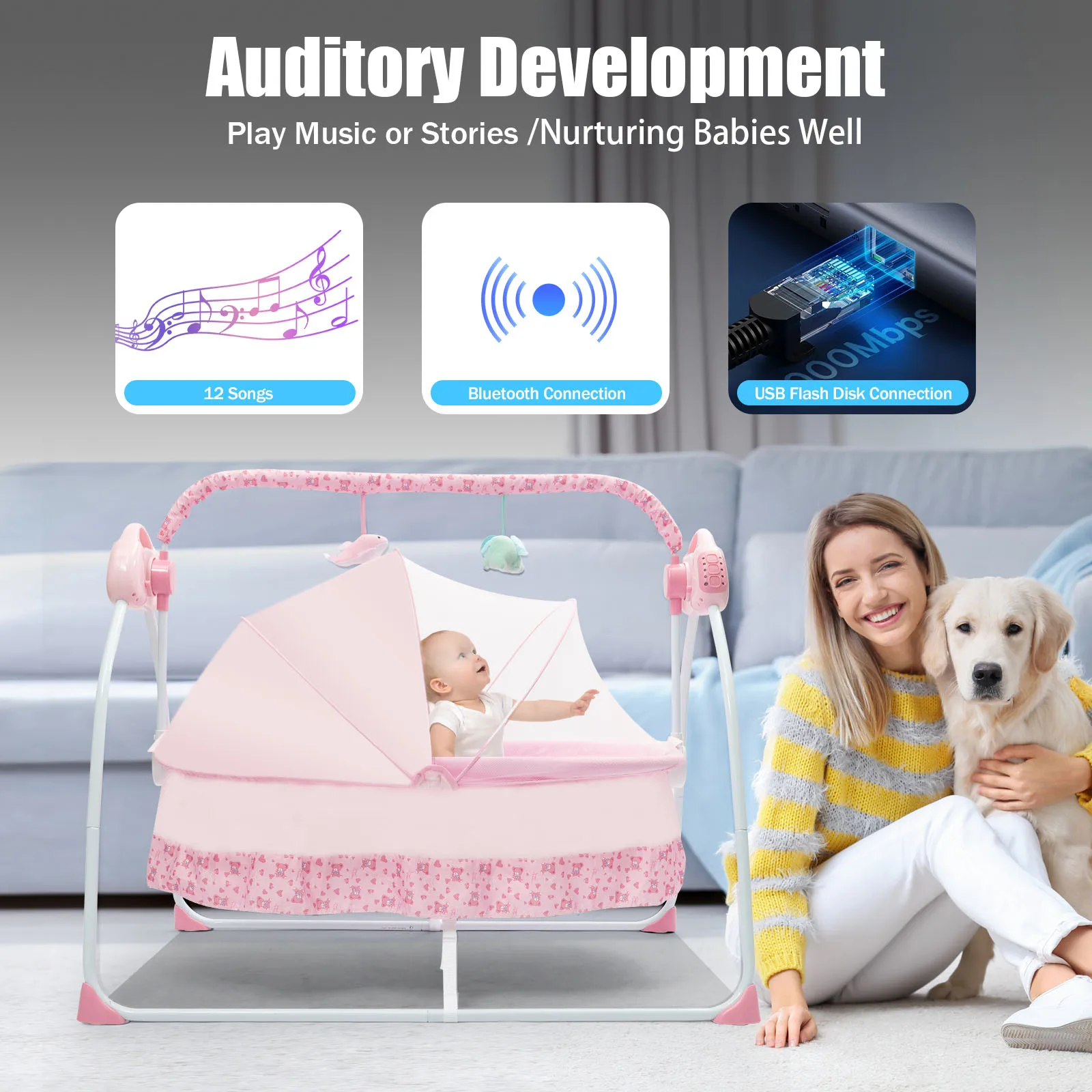 Foldable Electric Baby Cradle – Dual Control, Durable Design, Soothing Sounds, Safe & Portable, Ages 0-18M, 55.12LB Capacity 2