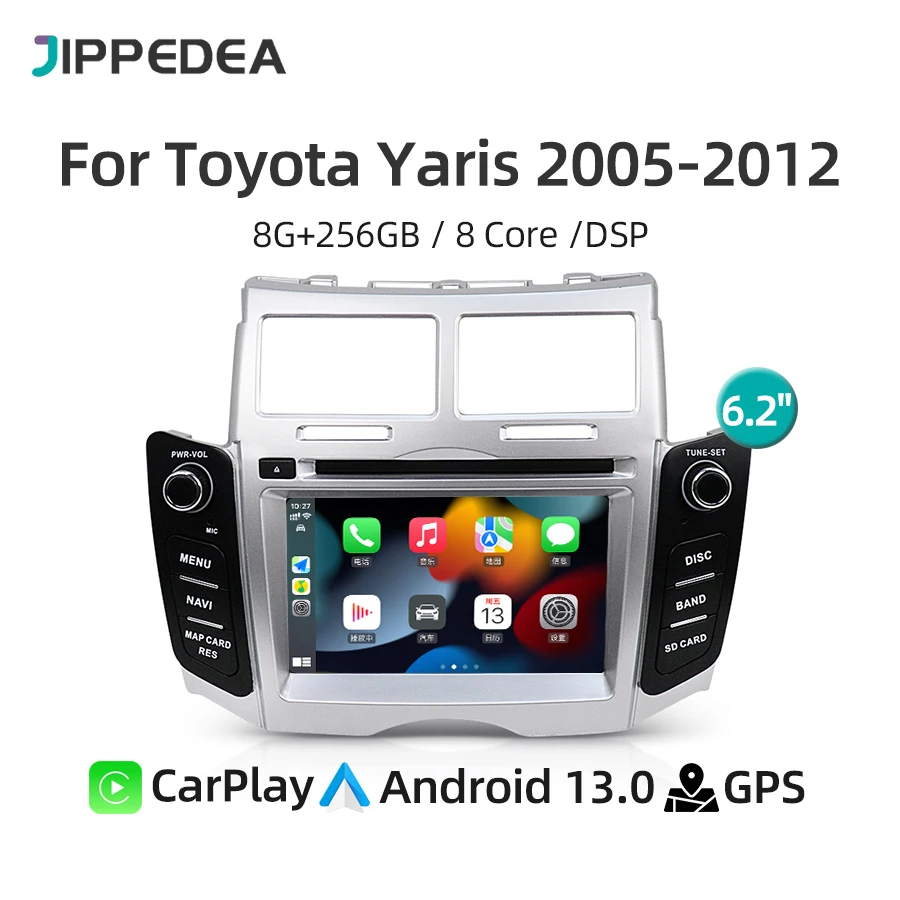 토요타 야리스 XP90 비츠 플라츠 2005-2012용 안드로이드 13 CarPlay 카 라디오 GPS 네비게이션 WiFi 4G 스테레오 멀티미디어 플레이어 헤드유닛
