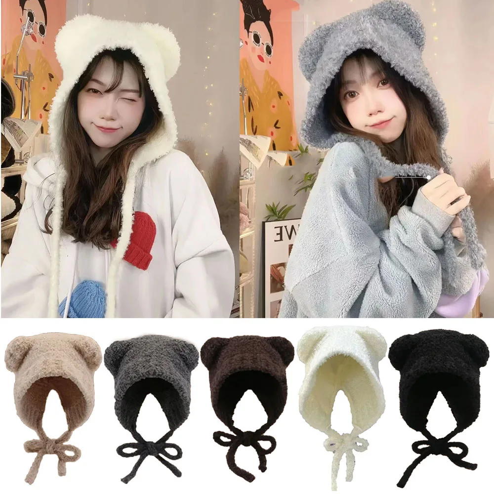 

Bear Ear Knitted Hat Japanese Cute Animal Ear Hat Kpop Fashion Winter Cap Women Outdoor Windproof Pullover Hat Thickened Cap