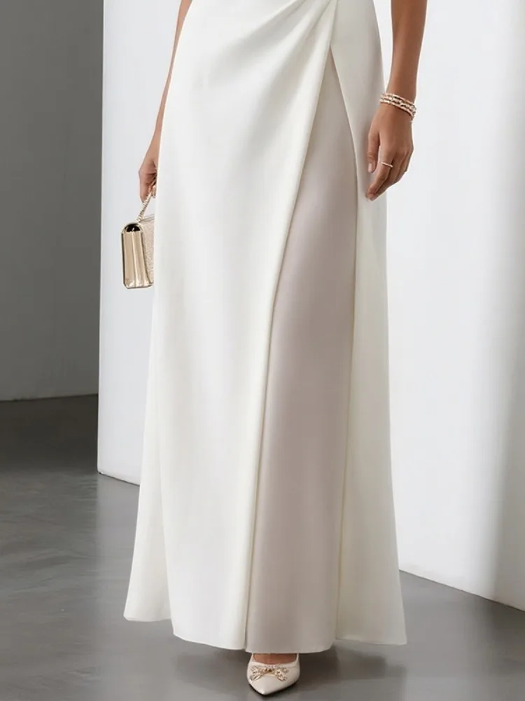 Yeezzi Women Pleated White A-Line Dress 2025 New Sleeveless Solid Color Split-Joint Round-Neck Elegant Evening Maxi Dresses 3