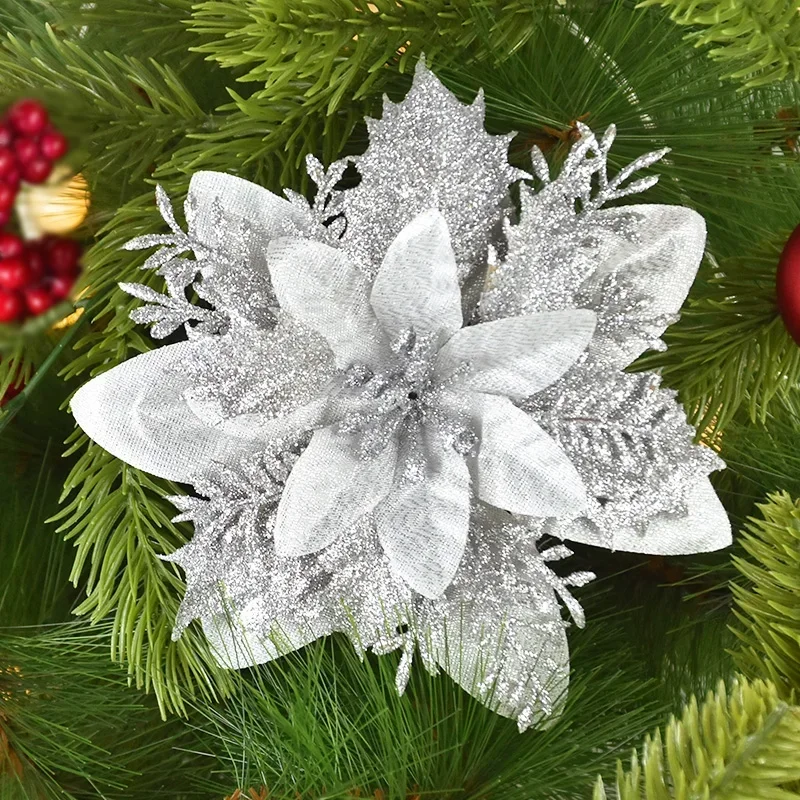 thumbnail image 1 of Adornos navideños artificiales con flores brillantes de 14 cm para árbol de Navidad, decoraciones navideñas para el hogar, regalo de Año Nuevo, 1 of 5
