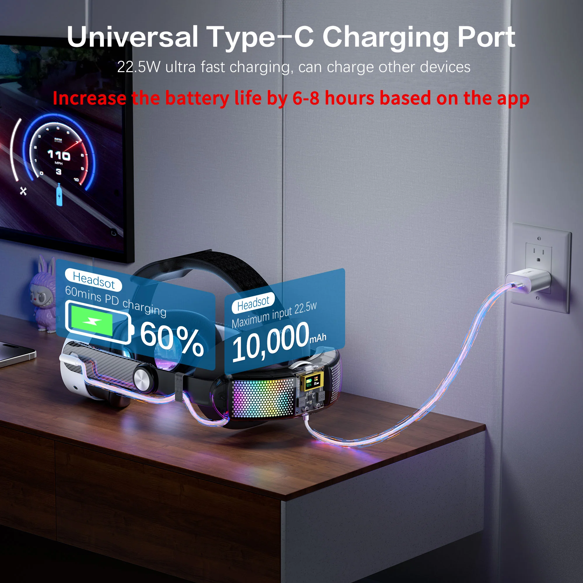 WOLMTT 10000mAh Battery Head Strap for Meta Quest 3/Quest 3S, 22.5w fast charging increases 6-8 hours of battery VR accessories 3