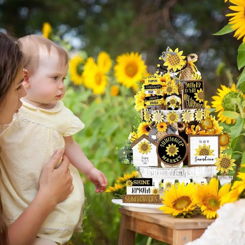 Summer Farmhouse Tiered Tray Decor 17pcs Summer Tiered Tray Decoration Set Sunflower Decor Summer Party Table Shelf Rustic Home 5