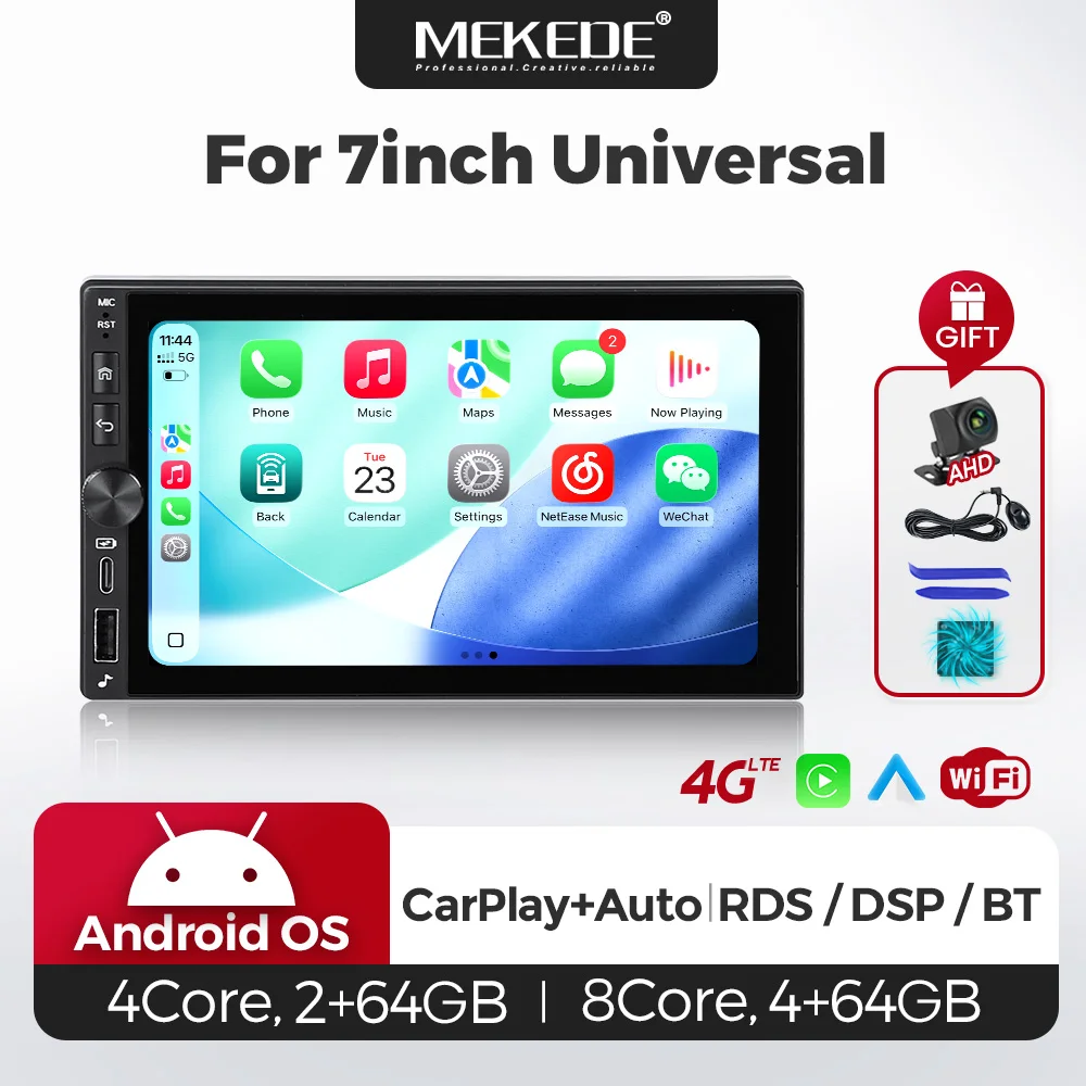 MEKEDE Radio multimedia para coche con Carplay inalámbrico y Android Auto de 7 pulgadas, sistemas inteligentes universales, unidad principal estéreo 2Din, navegación GPS, SIN DVD, 2 DIN, compatible con cámara, 4G LTE, FM, RDS, DSP, SWC, para VW, SEAT, Toyota, Nissan, Fiat, Dodge, Renault, Volvo, Skoda, Peugeot, Dacia 1