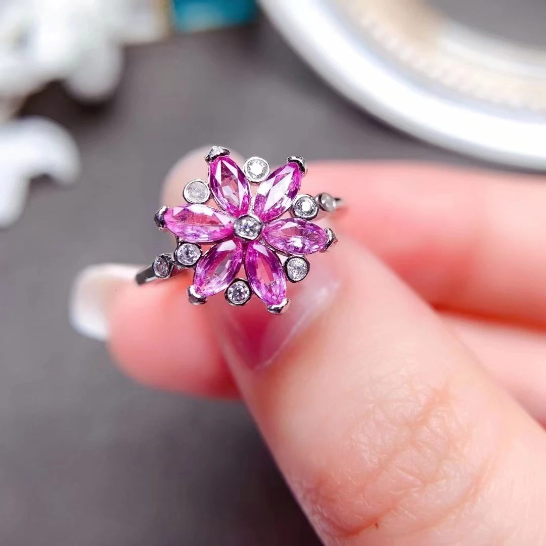 

FS Natural Pink Sapphire Flower Ring S925 Sterling Silver Fine Fashion Charm Women's Weddings Jewelry Free Shipping MeiBaPJ
