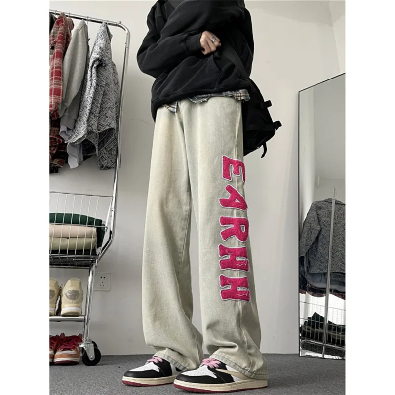 

2024 American High Street Flocked Letter Print Jeans Men Loose Vibe Fashion Trend Retro Casual Straight Leg Hiphop Wide-Leg Pant