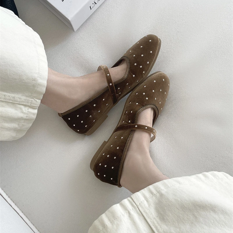 Rivet Decor Velvet Mary Janes Shoes Women Round Toe Elegant Ballet Flats Shoes Ladies Buckle Strap Spring Autumn Loafers New 5