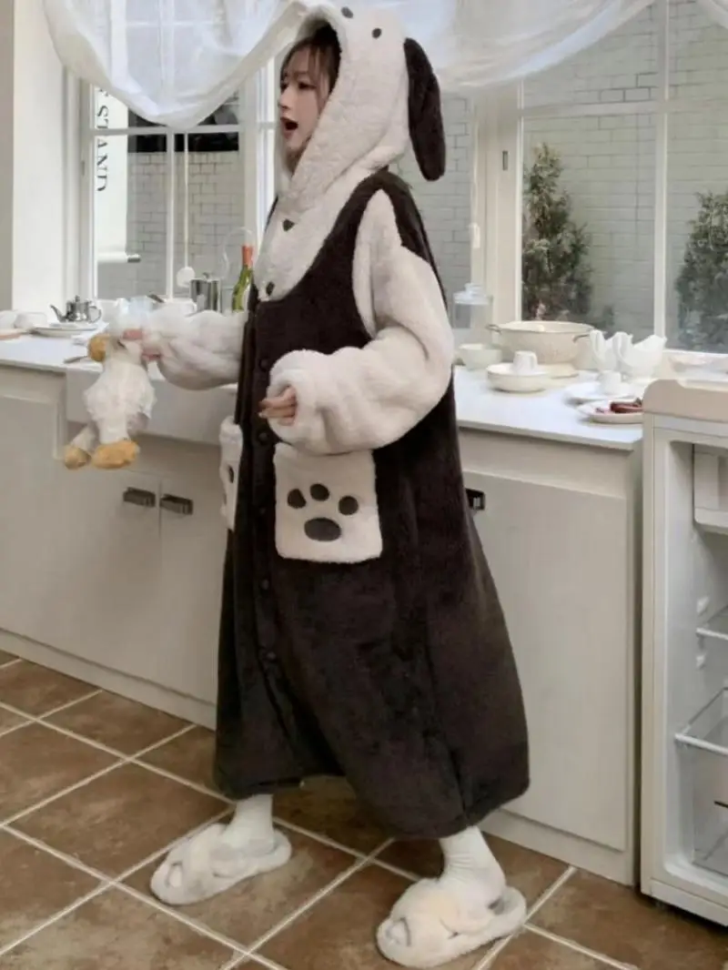 Sanrio Anime Winter New Pochacco One-Piece Nightgown Cute Cartoon Girl Plus Size Hooded Home Clothes Velvet Sleeping Bag Gift