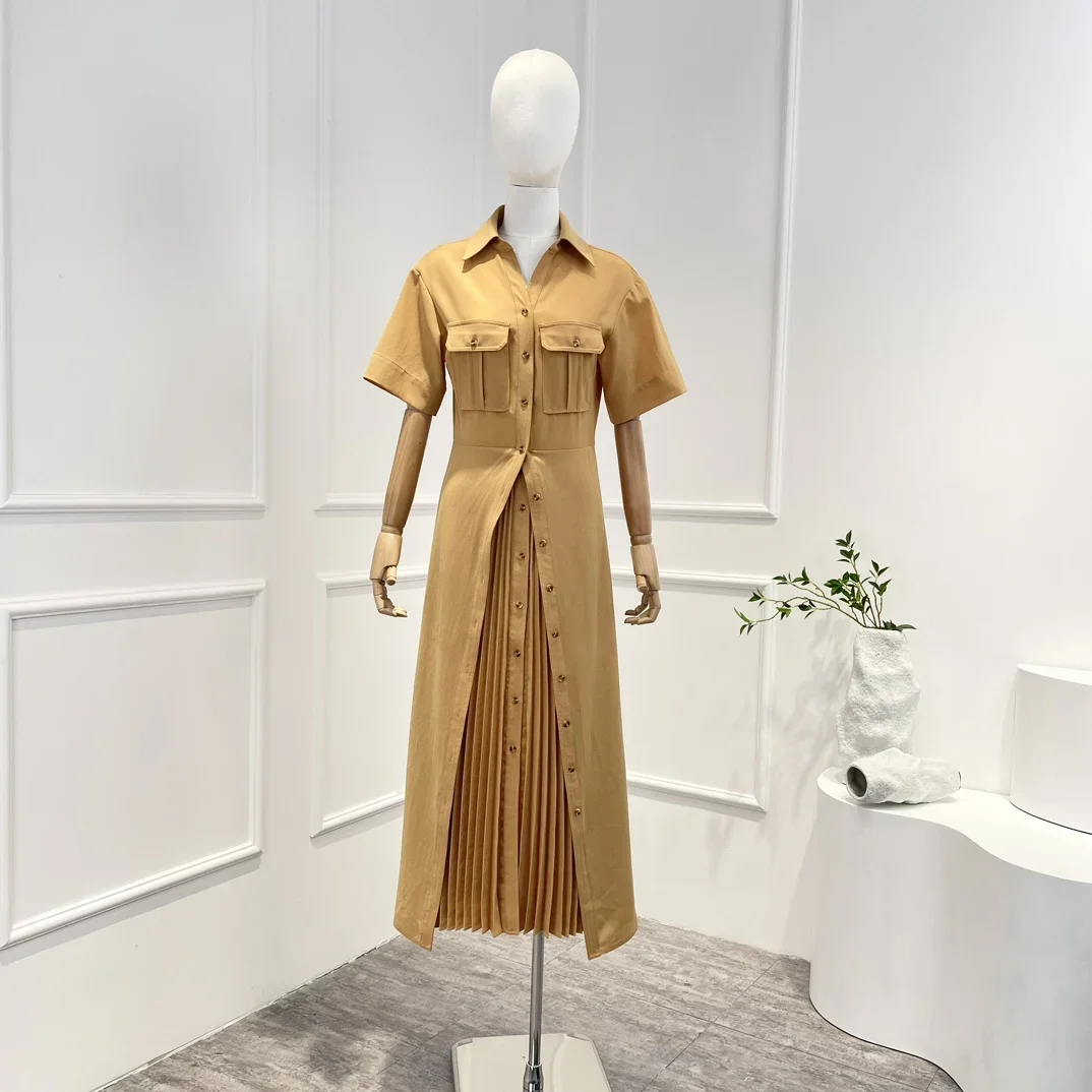 

2023 New Arrival High Quality Khaki Short Sleeve Pleat Ruched Front Buttons Pockets Midi Dress for Women Spring Summer