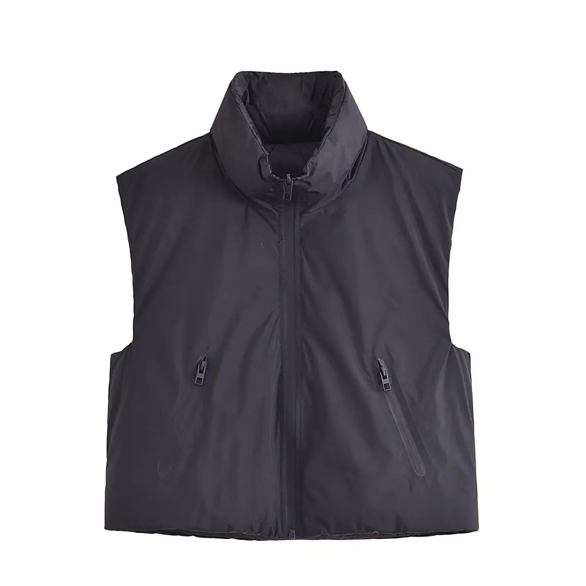

Women 2023 New Fashion two-sided Wearing Cropped Cotton Vest Vintage Sleeveless Side Pockets Zipper Female Waistcoat Chic Tops