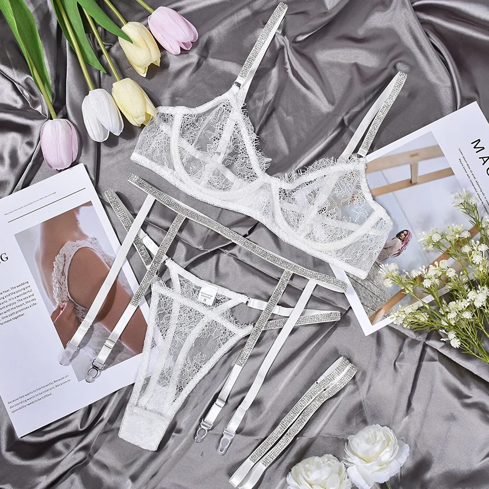 

Sexy Sleepwear Lace Porno Bra Underwear Suits Fashion Sheer Sheath Shapewear Drill Design Women Lingerie Straps 3 Pieces Sets