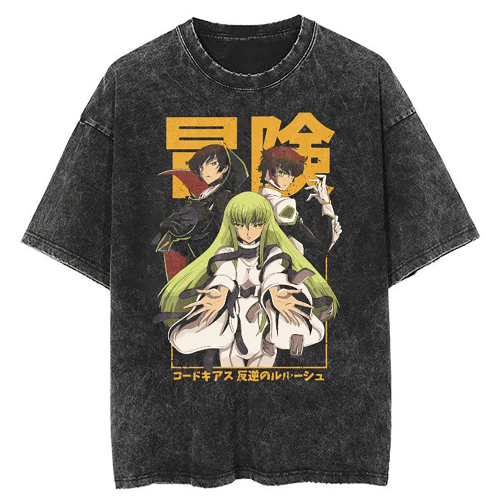 

Hip Hop Streetwear Washed T-Shirt Code Geass Men Anime Print Tshirt Harajuku Cotton Casual T Shirt Summer Short Sleeve Tops