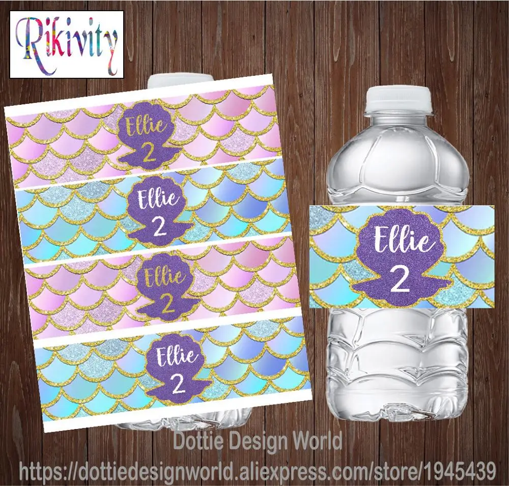 20 Custom Gold Purple Shell Birthday Party Water Bottle Wine Labels Waterproof Candy Bar Wrapper Sticker Baby Shower Decoration | Дом и сад