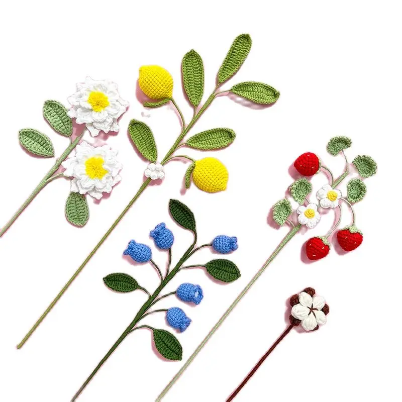 

5 PCS Artificial Flowers Fruits Strawberry Gardenia Cotton Knitting Plants Artificial Flowers Fruits Lemon Home DIY Decorations