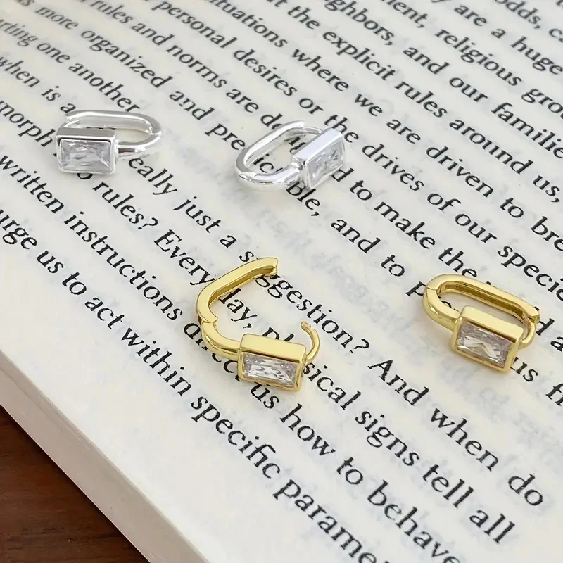 Huitan Rectangular Cubic Zirconia Hoop Earrings Silver Color Model