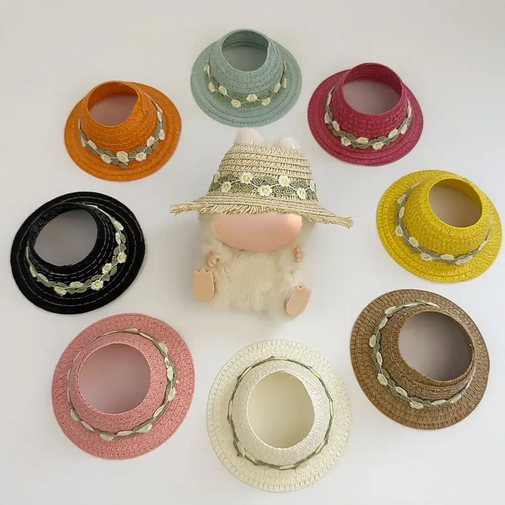 Clothes for Labubu Open-Top Straw Hat Flower Hat with Bow 1st 2nd 3rd Gen for 17cm Labubu Sitting Party Outfit Accessories 4